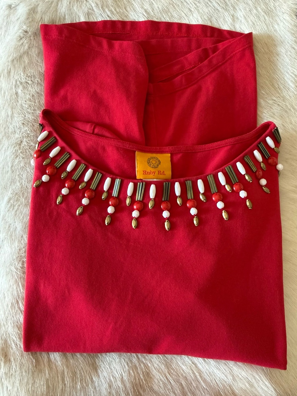 Ruby Rd. Red Short-Sleeve Top with Jeweled Neckline - Picture 3 of 4
